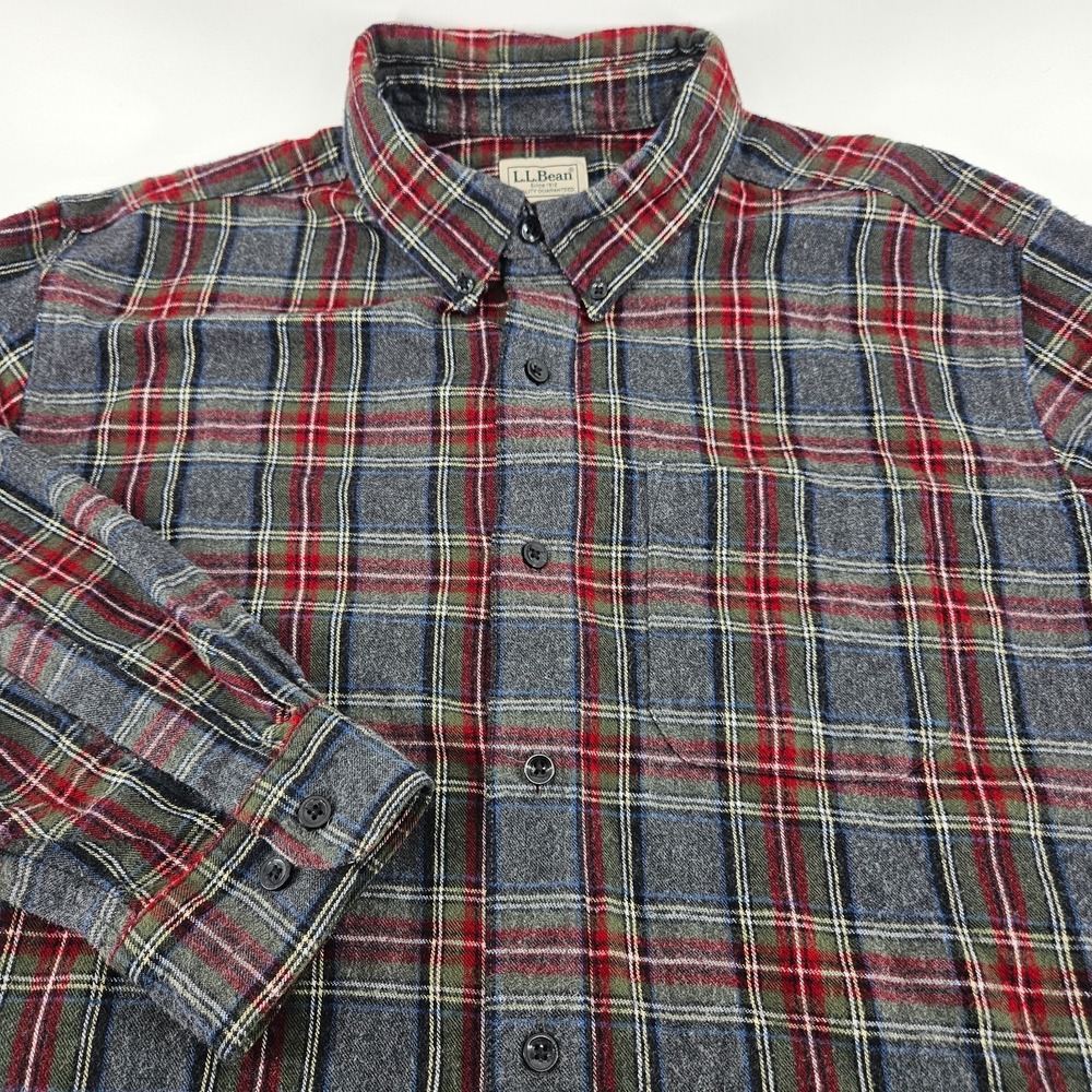 LL‎ Bean Flannel Shirt Men Large Gray Red Plaid Traditional Fit Cotton A82
